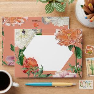 Enveloppe Peach Pink Peonies Flowers Mariage 5x7