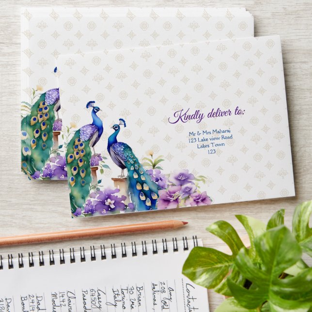 Enveloppe Peacock fleurs violettes mariage indien (Stacked)