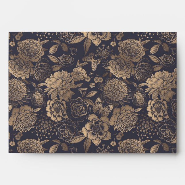 Enveloppe Peonies Roses d'or Noir Conversation d'invitation (Devant)