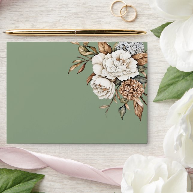 Enveloppe Peony moderne et Hydrangea Mariage vert olive (Wedding)
