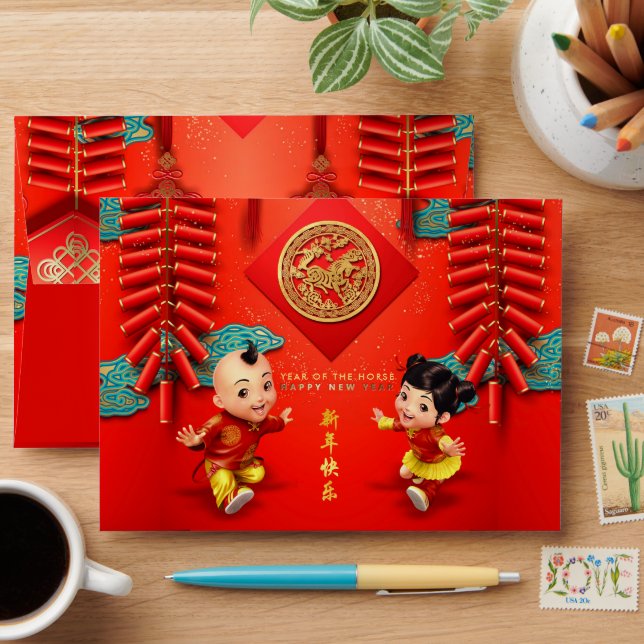 Enveloppe Pétards chinois traditionnels Cheval Année H Bao (Desk)