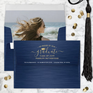 Enveloppe Photo et retour Adresse Marine Bleu & Or Graduatio