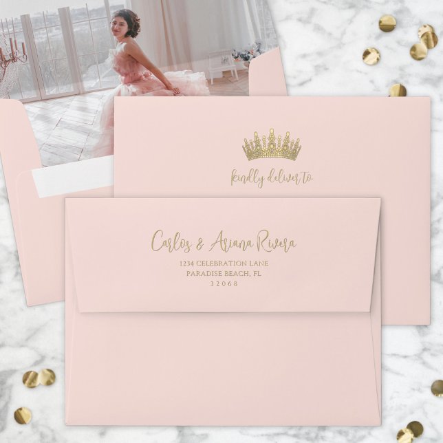 Enveloppe Photo Lined Quinceañera Pré-Adressé Blush & Gold (Créateur téléchargé)