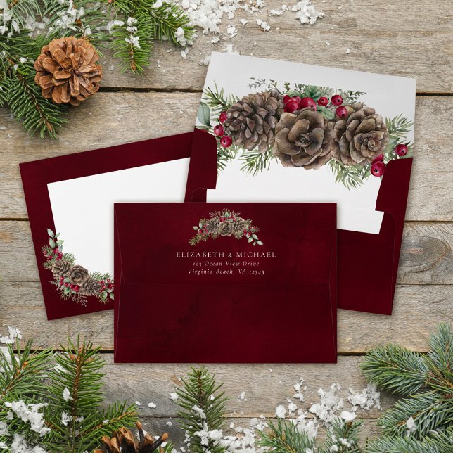 Enveloppe Pine d'aquarelle Noël Berries d'hiver Mariage (Créateur téléchargé)