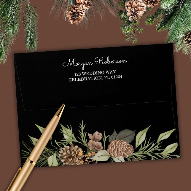 Enveloppe Pine d'hiver moderne Noir et blanc Mariage élégant (Créateur téléchargé)
