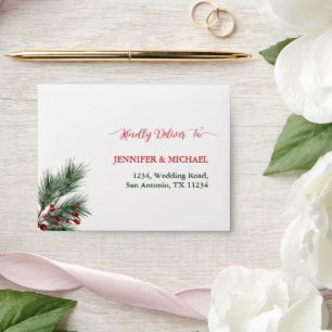 Enveloppe Pine Greenery Red Holly Berries Mariage RSVP