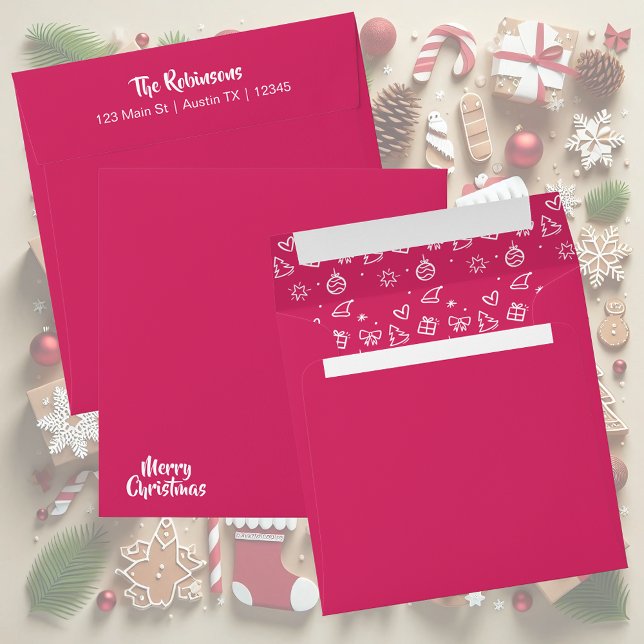 Enveloppe Pink and White Hand Drawn Christmas Square (Christmas envelope with hand drawn decorated inside and return address template)