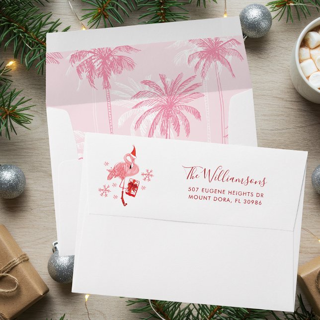 Enveloppe Pink Flamant rose Palm Trees Noël Adresse de retou (Pink Flamingo Palm Trees Christmas Return Address Envelope)