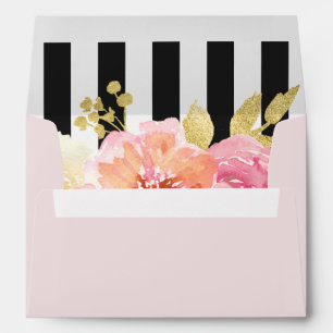 Enveloppe Pink Gold Black White Stripes Floral Mariage