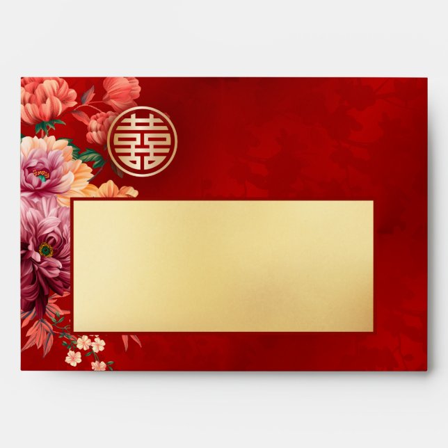 Enveloppe Pivoine Mariage Chinois Or Rouge  (Devant)