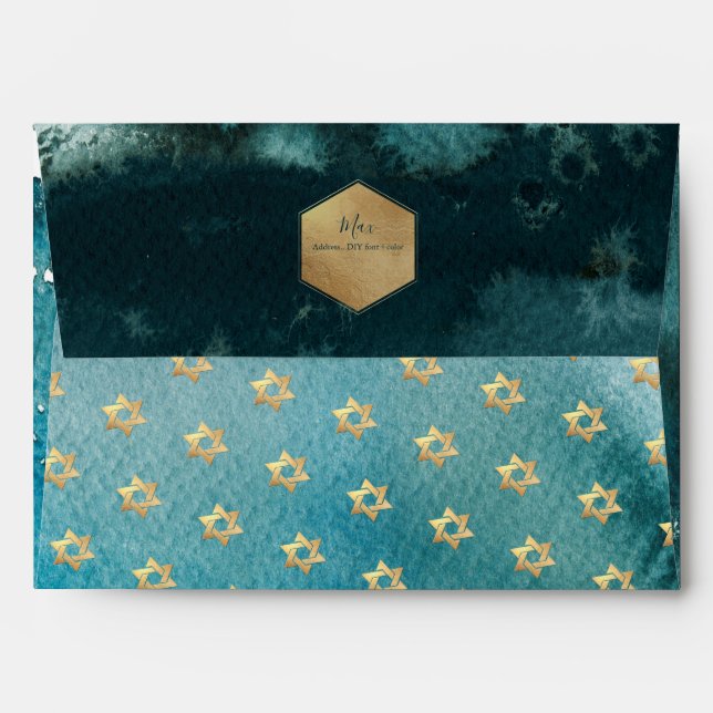 Enveloppe PixDezines Bar Mitzvah Aquarelle verte Turquoise (Dos (Haut rabat))