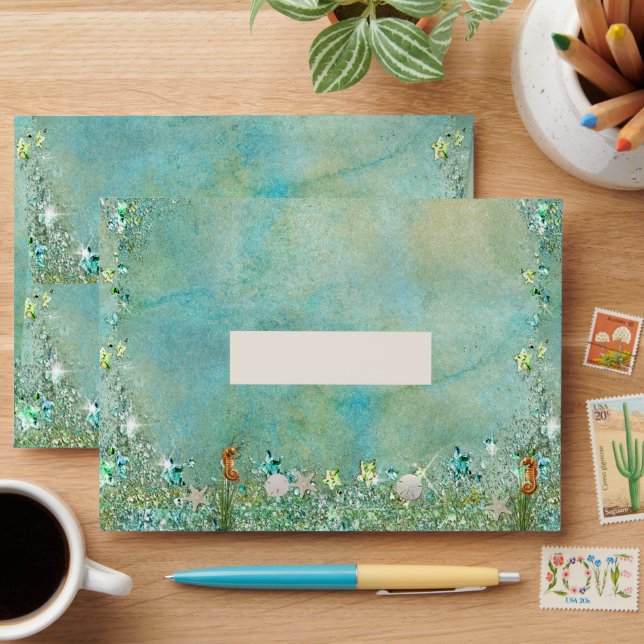 Enveloppe Plage Seahorse Starfish Turquoise Sparkie (Desk)
