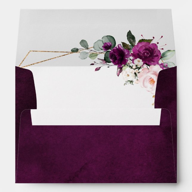 Enveloppe Plum violet Roses roses rose pâle Mariage géométri (Dos (Bas))