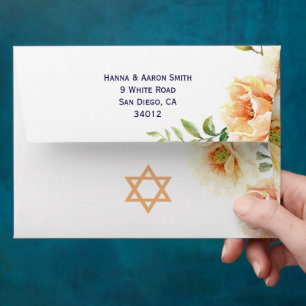 Enveloppe Pocher corail aquarelle fleurs Bat mitzvah floral