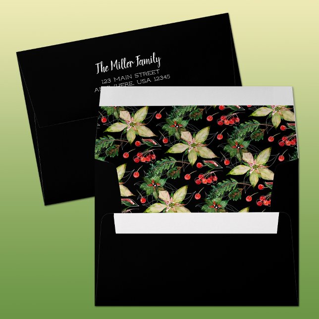 Enveloppe Poinsettias et baies sur le noir (Custom envelope with printed lining and FREE return address is perfect finishing touch to any mail.)