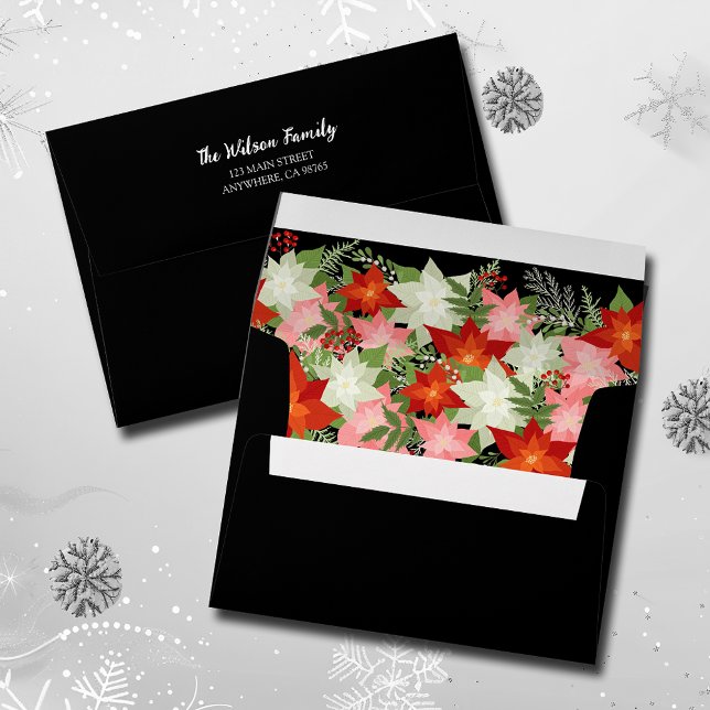 Enveloppe Poinsettias et verdure Noir (Christmas poinsettias and greenery printed lining in black envelopes, FREE return address on back)