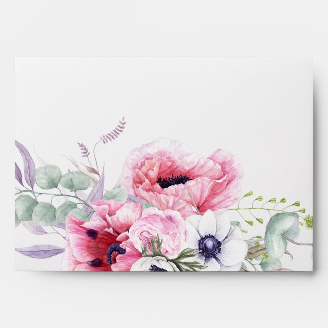 Enveloppe Poppies roses botaniques et verdure (Devant)