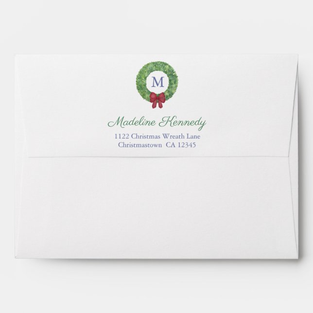 Enveloppe Preppy Christmas Wreath Monogramme Adresse de reto (Dos (Haut rabat))