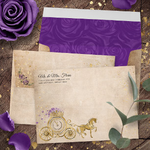 Enveloppe Princesse Violet et Or Chariot Retour Adresse