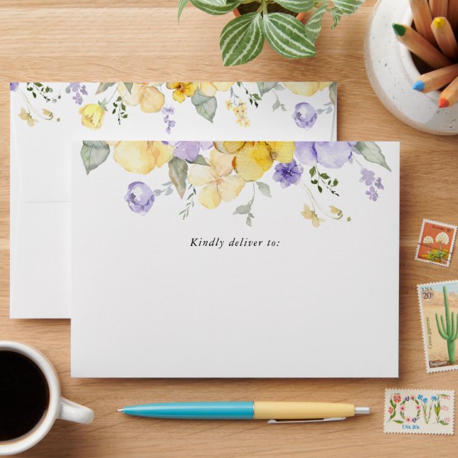 Enveloppe Purple Flowers, Yellow Flowers, Boho, Baptism (Desk)