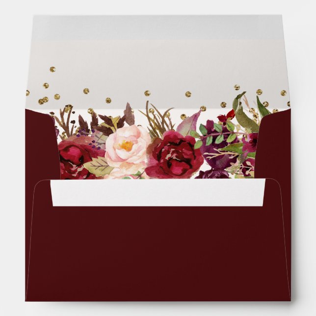 Enveloppe Quinceanera Bourgogne Or fleuri Éperche (Dos (Bas))