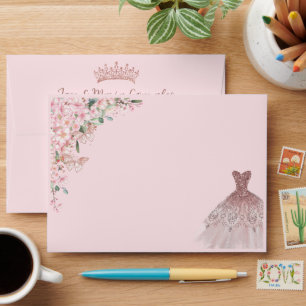 Enveloppe Quinceañera Cherry Blossoms Rose Gold robe Gown
