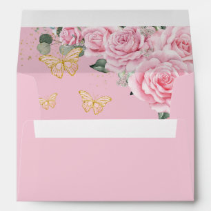 Enveloppe Quinceañera or rose Floral Doux 16 papillons