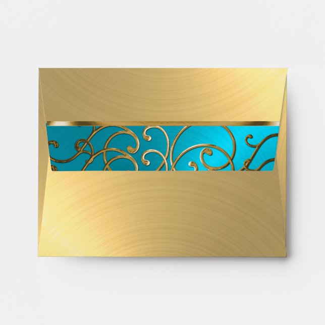 Enveloppe Quinceanera Turquoise Blue et Gold Filigree (Dos (Haut rabat))