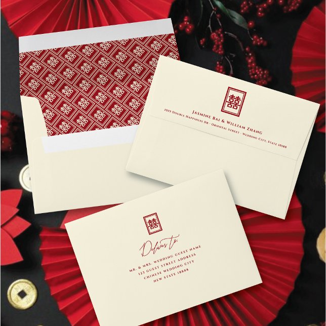 Enveloppe Rectangle classique Double Bonheur Mariage chinois (Red/Ivory Classic Rectangle Double Happiness Modern Chinese Wedding Envelope @ fatfatin_red_knot)