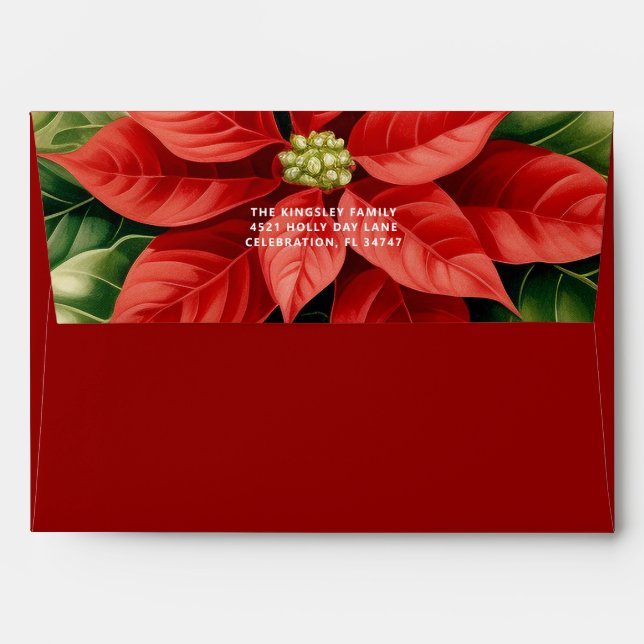 Enveloppe Red Green Poinsettias voeux de Noël (Dos (Haut rabat))