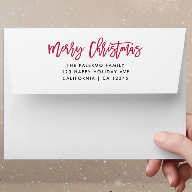 Enveloppe Red Merry Christmas Typographie adresse de retour (RED MERRY CHRISTMAS HANDWRITTEND SIGNATURE ENVELOPE WITH PRE PRINTED RETURN ADDRESS)