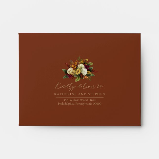 Enveloppe Red | Orange Floral Bouquet Mariage RSVP Retour (Devant)