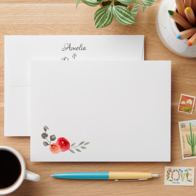 Enveloppe Red Rose Twig Script Enregistrer la date 5×7 Maria (Desk)