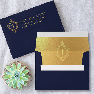 Enveloppe Religieux Elégant Marine Blue Faux Gold Cross Cres