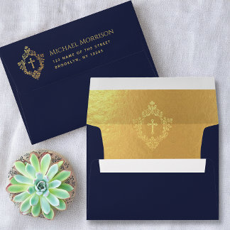 Enveloppe Religieux Elégant Marine Blue Faux Gold Cross Cres