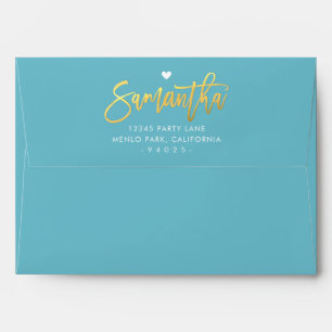 Enveloppe RETOUR ADRESSE bleu turquoise cercle or motif