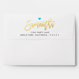 Enveloppe RETOUR ADRESSE bleu turquoise nom du script or