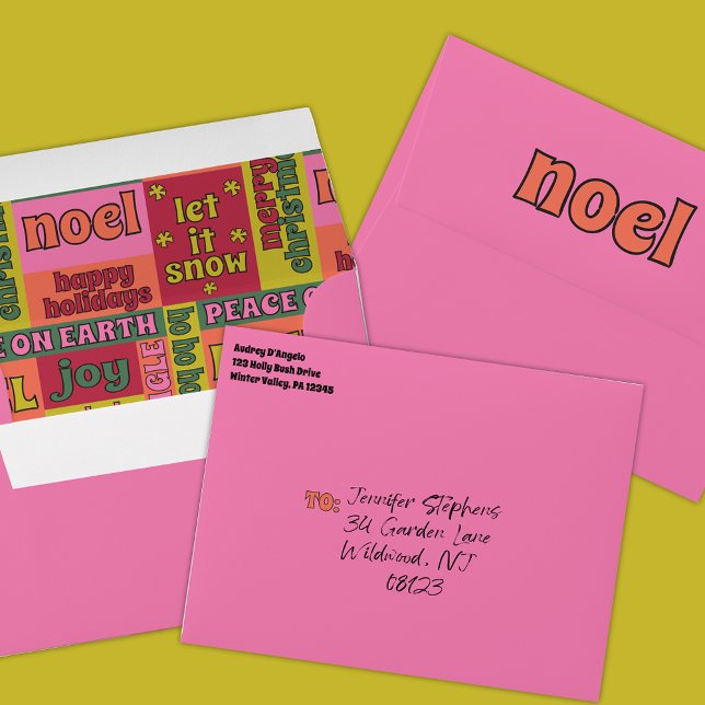 Enveloppe Retro 1970 Collage de mots de Noël rose (Créateur téléchargé)
