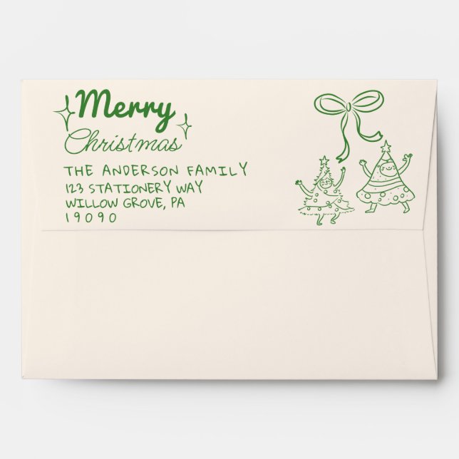 Enveloppe Retro Green Funny Drawn Fun Merry Christmas Trees (Dos (Haut rabat))