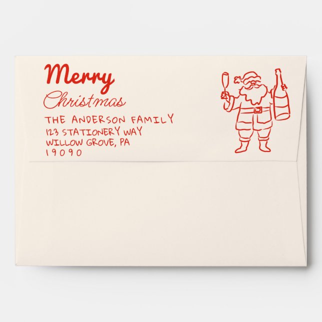 Enveloppe Retro Red Drawn Santa Claus Champagne Christmas  (Dos (Haut rabat))