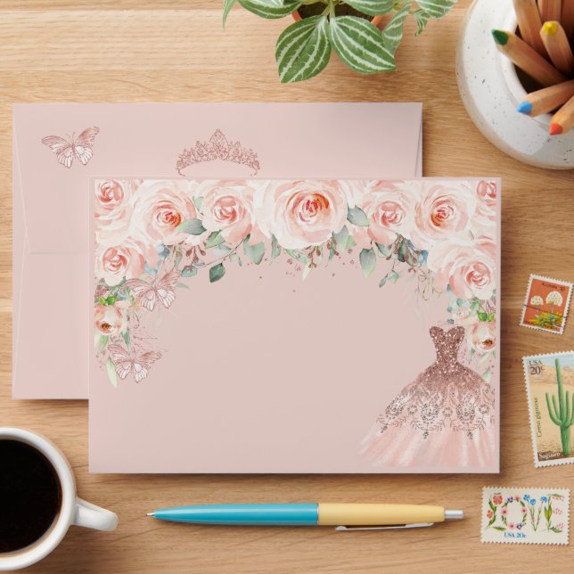 Enveloppe Robe dorée Rose de Quinceañera Blush (Desk)