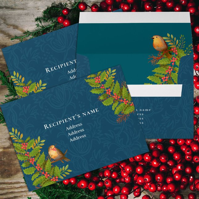 Enveloppe Robin Birds Holly Berry Dark Turquoise (Robin Birds Holly Berry Design.)