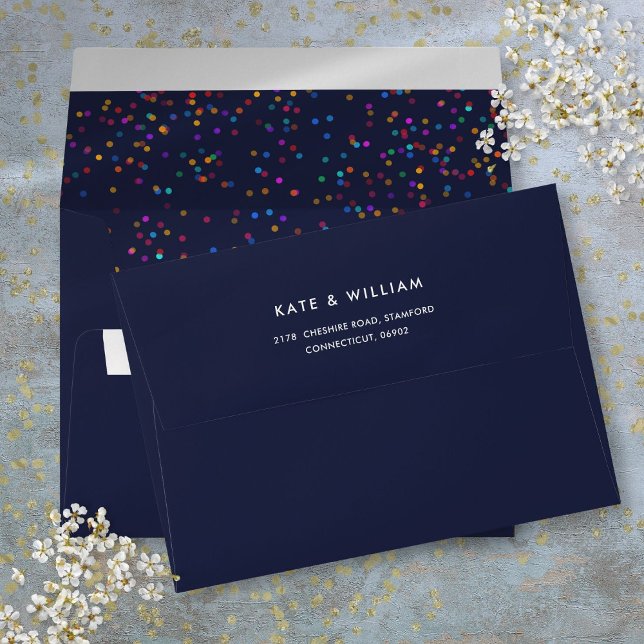 Enveloppe Romantic Rainbow Confetti Navy Blue Adresse de ret (Romantic Rainbow Confetti Navy Blue Return Address Envelope)