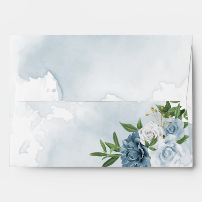 Enveloppe romantique bleu blanc fleurs verdure mariage (Dos (Haut rabat))