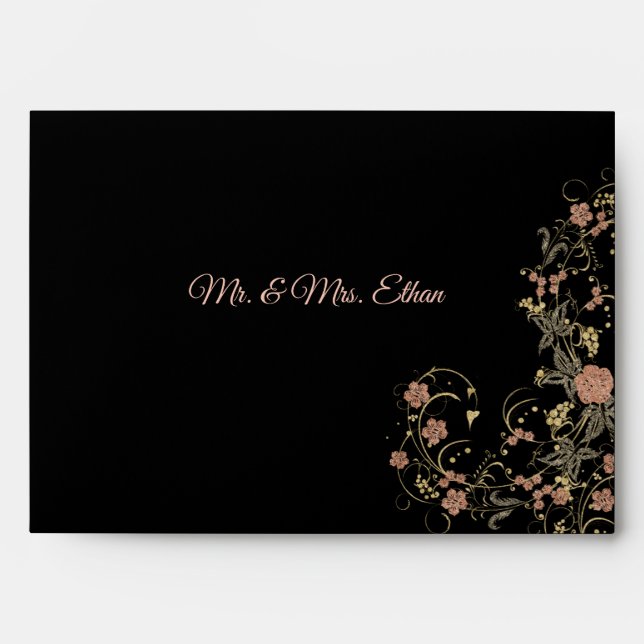 Enveloppe Romantique Noir et Tea rose Mariage floral (Devant)