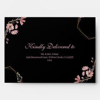 Enveloppe Romantique Noir Rose Floral Géométrique Or
