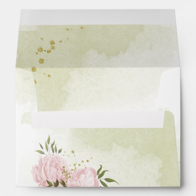 Enveloppe Romantique rose fleurs vert feuille mariage (Dos (Bas))
