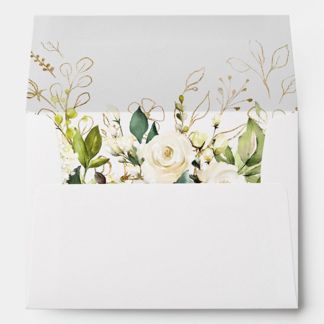 Enveloppe Rose blanche Peony vert Floral pour cartes 5x7 (Dos (Bas))
