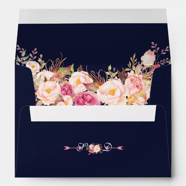Enveloppe Rose Blush Floral Navy bleu Monogramme Mariage (Dos (Bas))