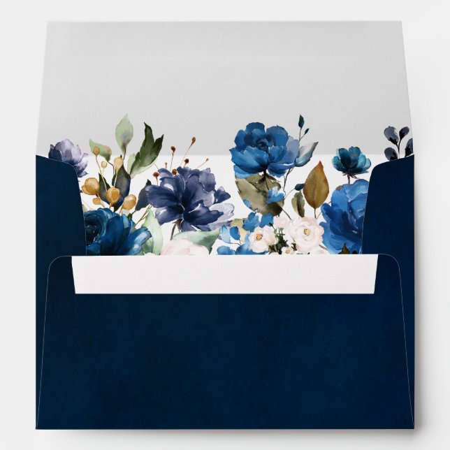 Enveloppe Rose botanique bleu marine rose fuchsia Adresse (Dos (Bas))